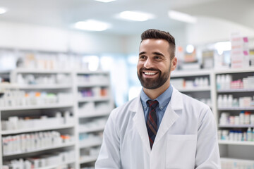 Smiling portrait of a handsome pharmacist in a pharmacy.Pharmacy: Professional Confident  Pharmacist Wearing Lab Coat and Glasses, Smiling Charmingly. Druggist in Drugstore Store