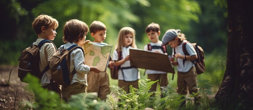 Children s birthday party with kids on a scavenger hunt in nature equipped with clipboards copy space image