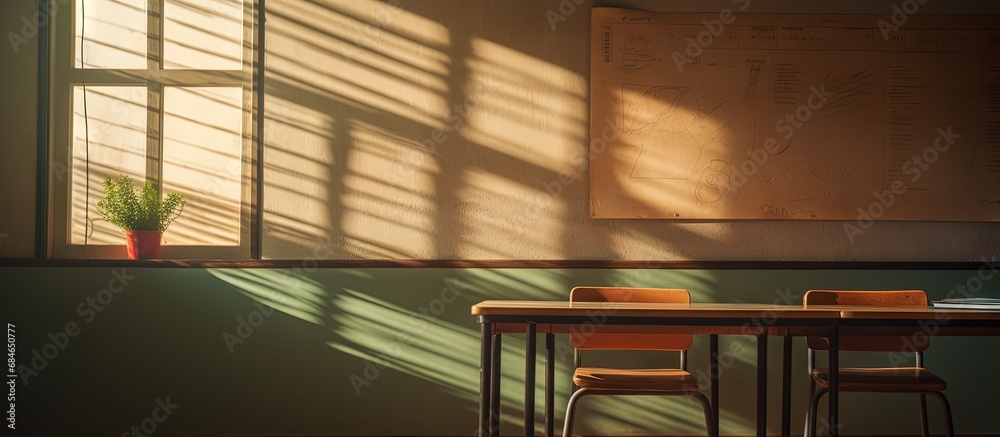 Aufkleber afternoon sunlight casting shadows through classroom window copy space image