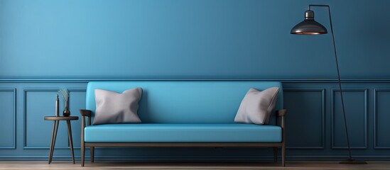 Blue sofa bench metallic and wooden table in room copy space image