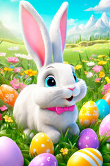 Easter greeting card with bunny, colourful eggs and flowers, 3d render modern illuatration.