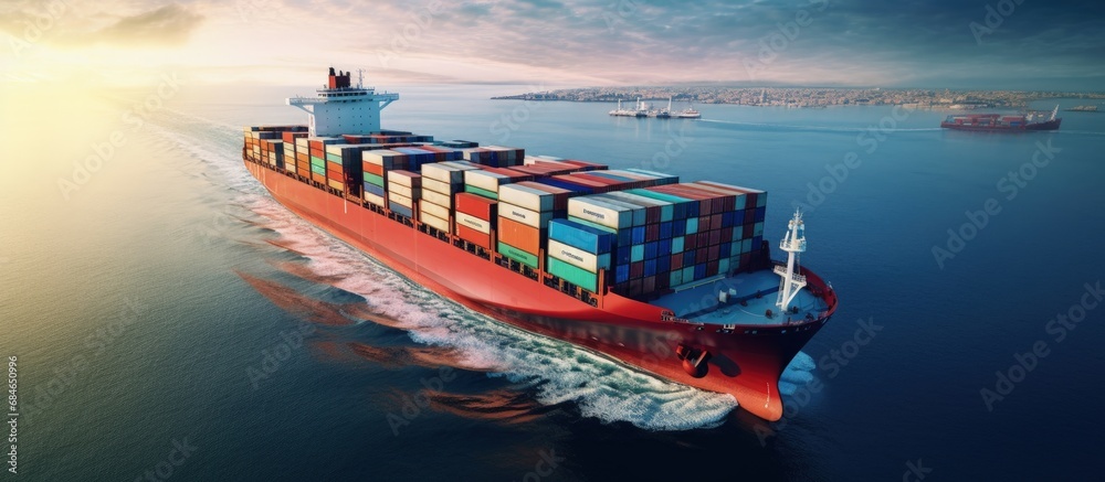 Poster container ship transporting global cargo worldwide viewed from the air copy space image