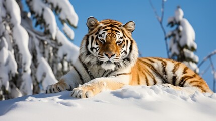 Obraz premium A Siberian tiger resting on a snow-covered rock in a wintry landscape