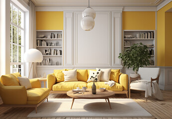 the room in yellow is with white walls, large wooden floors and yellow sofa, in the style of photorealistic rendering, 20th century Scandinavian style, light white and dark amber, danish design