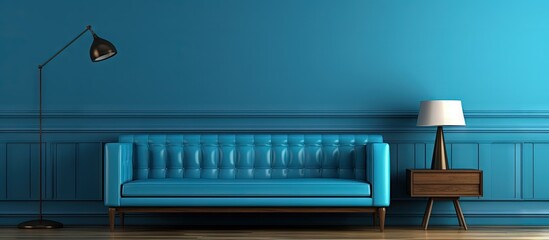 Blue sofa bench metallic and wooden table in room copy space image - obrazy, fototapety, plakaty