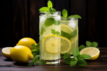 A refreshing glass of lemonade with slices of lemon and sprigs of mint.
