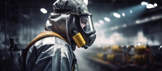 Chemical expert in protective gear checks for leaks in factory copy space image