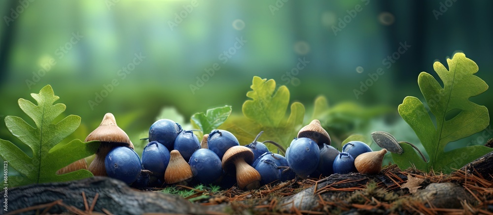 Poster acorns in blueberry forest from oak tree copy space image