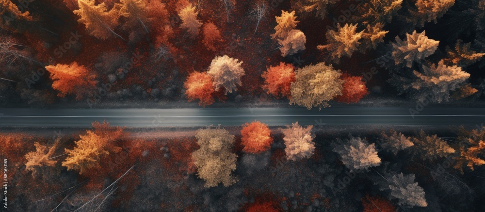 Aufkleber Autumn forest with empty road red and orange trees Aerial perspective Flying drone view copy space image
