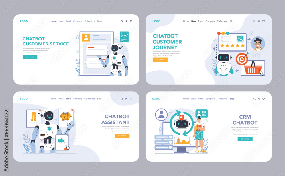 Poster chat bot web or landing set. ai-powered customer service. online consultation with artificial neural