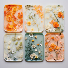 Set of ceramic plates with different flowers on white background, top view