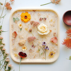 Set of ceramic plates with different flowers on white background, top view