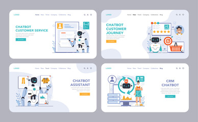 Chat bot web or landing set. AI-powered customer service. Online consultation with artificial neural network. Artificial intelligence virtual assistant. Flat vector illustration