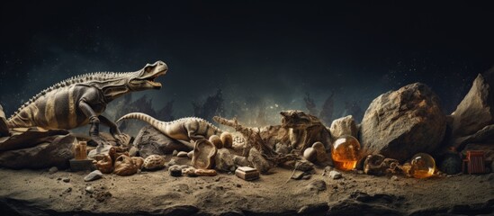 Ancient fossils on display at a museum highlighting the findings of archaeologists and paleontologists during excavations from before our time copy space image - obrazy, fototapety, plakaty