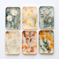 Set of ceramic plates with different flowers on white background, top view