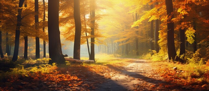 Colorful autumn forest with sunny background copy space image
