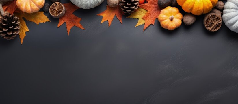 Fototapeta Autumn themed flat lay with pine cones pumpkins dried leaves and a pumpkin latte on a dark grey stone surface top view copy space copy space image