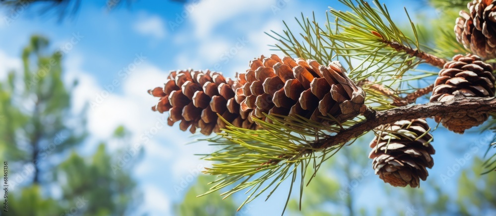 Poster closeup of a white pine tree with pine cones in a natural forest setting located in a state park sur