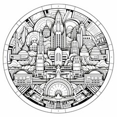 mandala for coloring in the form of a city,concept of  coloring book, meditation, yoga, prayer, esotericism