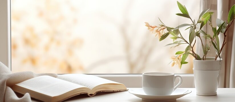 Coffee and a book next to a cozy white chair in a still interior copy space image