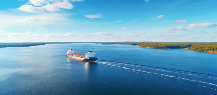 A cargo ship moving through Finnish archipelago during spring with calm waters below copy space image