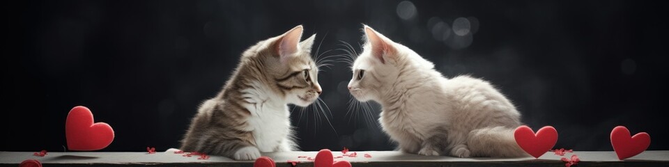 two cats among paper hearts, super realistic photo in high quality,concept of valentines day, love, animals, greeting cards