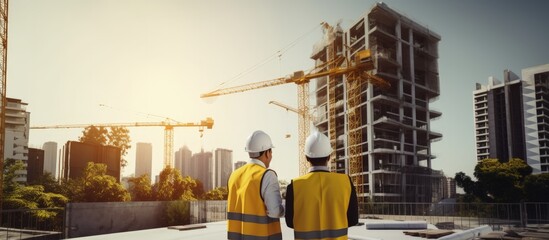 Architects and engineers evaluate project details outside assess construction site guarantee effective project management In the urban environment they analyze property for sustainable