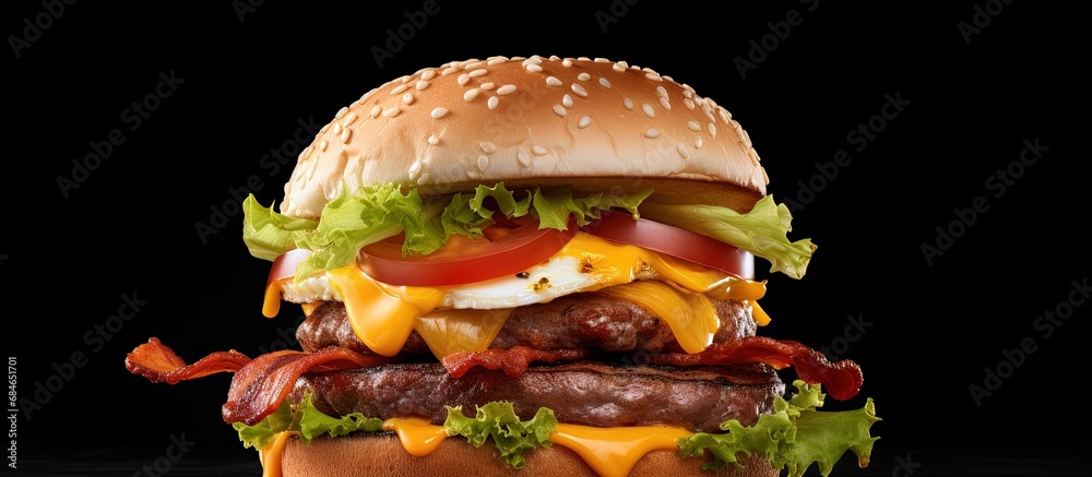 Poster bacon burger with egg lettuce and cheese copy space image