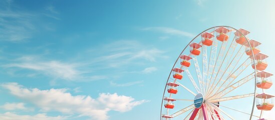 Amusement ride with rotating wheel carrying cars on the edge copy space image