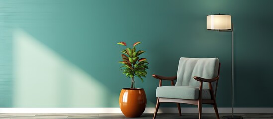 Contemporary home design with plant vase table lamp and chair in the middle of the room copy space image