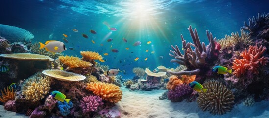 Colorful tropical fish and starfish in a coral garden copy space image - obrazy, fototapety, plakaty