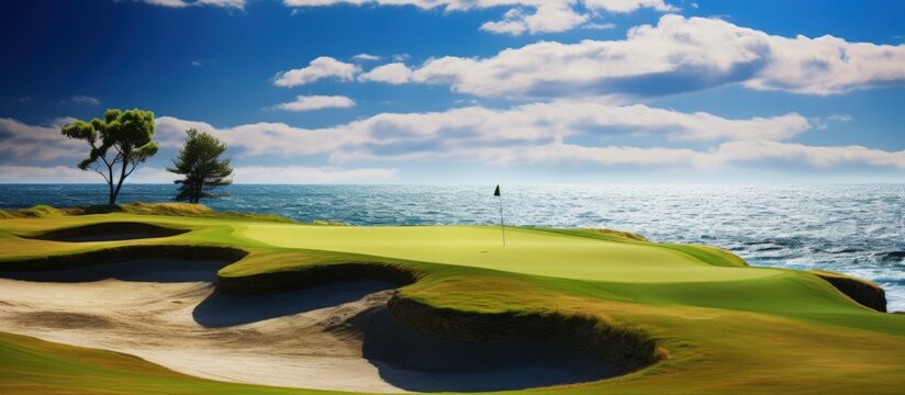 Coastal golf course featuring sand trap sea and sky copy space image