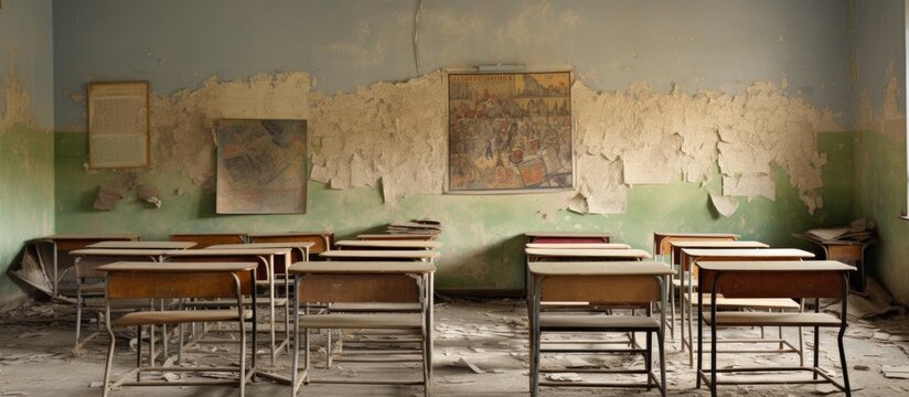 Abandoned classroom in Pripyat within the Chernobyl exclusion zone copy space image