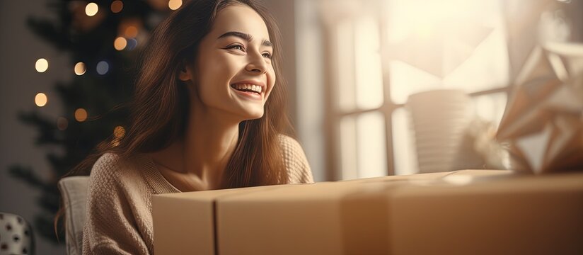 Cheerful young woman receiving a package at home on the couch copy space image