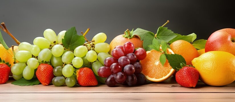Close up of fresh ripe green grapes strawberries and tangerines copy space image