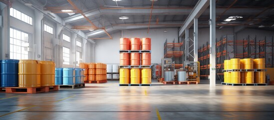 Chemical factory warehouse with storage area pallet racks and chemical product storage copy space image - obrazy, fototapety, plakaty