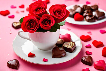 Birthday greeting card or Valentine's day. Red roses and heart-shaped chocolates.
