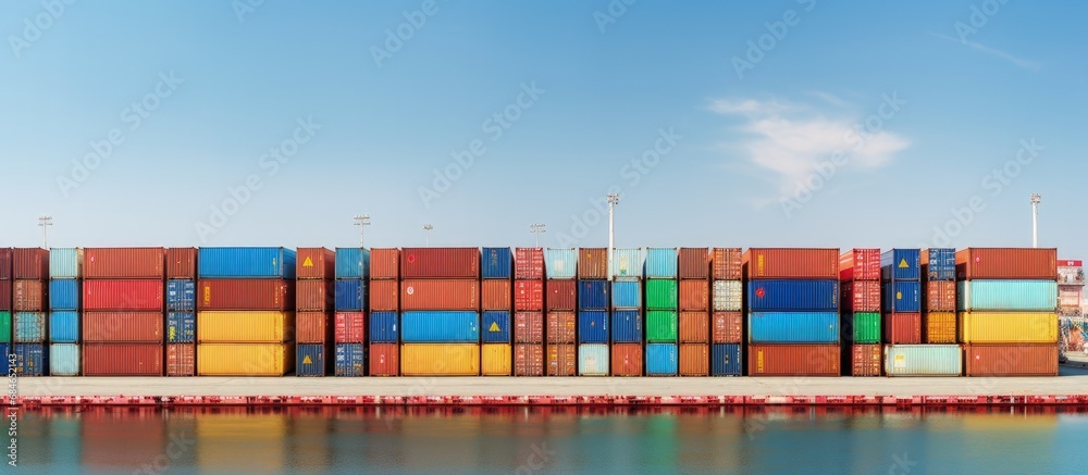 Poster Bird s eye view of numerous containers aboard a ship transporting cargo globally copy space image