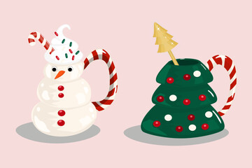 Ceramic Christmas mugs with cocoa and whipped cream. A mug in the shape of a snowman with a candy cane, a mug in the shape of a Christmas tree with a golden spoon. Volumetric vector in cartoon style.
