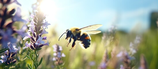 Bumblebee gathering nectar from violet flowers in a UK meadow Vibrant nature scene with room for text Insect flying with blurred wings copy space image - obrazy, fototapety, plakaty