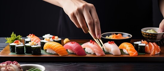 Asian woman eating sushi with chopsticks at Japanese restaurant served by chef copy space image - obrazy, fototapety, plakaty