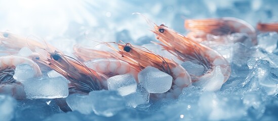 Close up of frozen shrimps dry freezed seafood delicacies with selective focus copy space image - obrazy, fototapety, plakaty