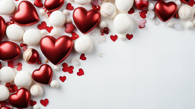Valentine's day background with red and white hearts on white background. 3d rendering. Generative AI technology.