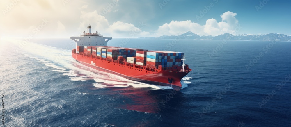 Poster container ship transporting global cargo worldwide viewed from the air copy space image
