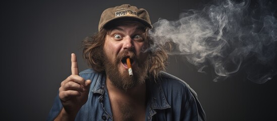 Angry country dweller frowns and smokes copy space image - obrazy, fototapety, plakaty