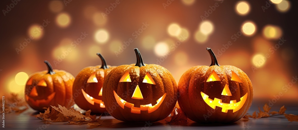 Poster abstract halloween party with defocused shiny background and happy pumpkins copy space image