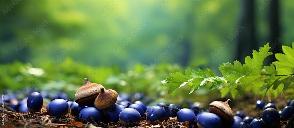 Poster acorns in blueberry forest from oak tree copy space image