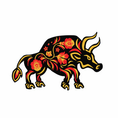 bull, buffalo, Taurus with retro red and yellow ethnic vector illustration eps 10