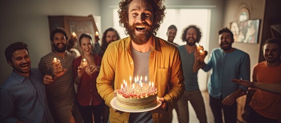 Bearded man celebrates birthday with diverse friends blowing party whistles and cutting cake copy space image - obrazy, fototapety, plakaty