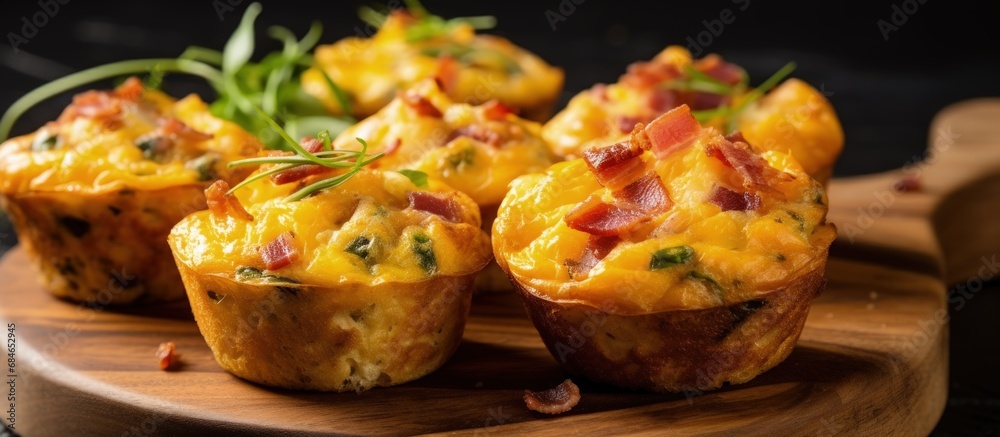 Poster breakfast on the go idea bacon and cheddar egg muffins recipe copy space image